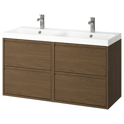 Moderno mueble lavabo minimalista de pared con almacenamiento de madera oscura.