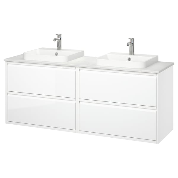 ÄNGSJÖN: tocador de doble lavabo blanco, diseño moderno, acabado brillante, encimera de mármol, montaje en la pared.