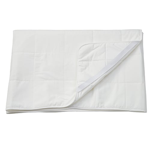 Protector de colchón blanco plegado, acolchado, rectangular, con esquinas elásticas.