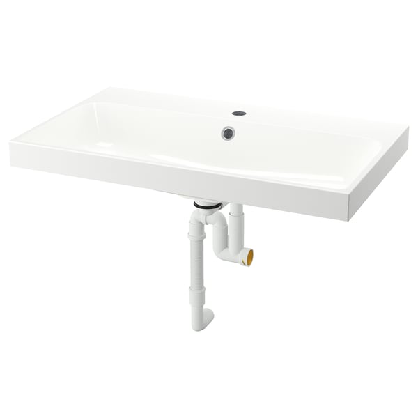 Esta imagen muestra un lavabo BACKSJÖN rectangular blanco con bordes lisos y un diseño minimalista, con un desagüe y un orificio para el grifo.