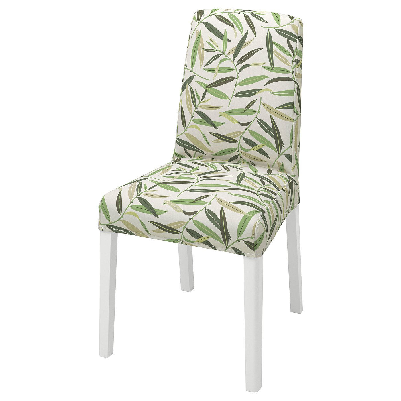 Silla BERGMUND con asiento y respaldo con estampado de hojas tropicales, patas blancas.