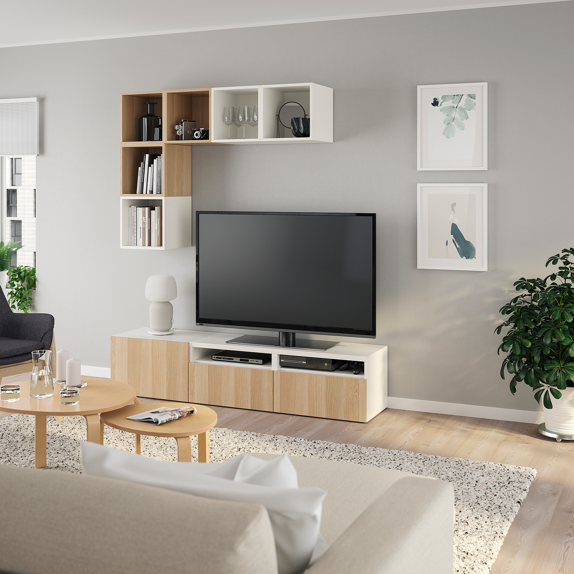 BESTÅ / EKET Mueble TV y armario, blanco, efecto roble tinte blanco, 70