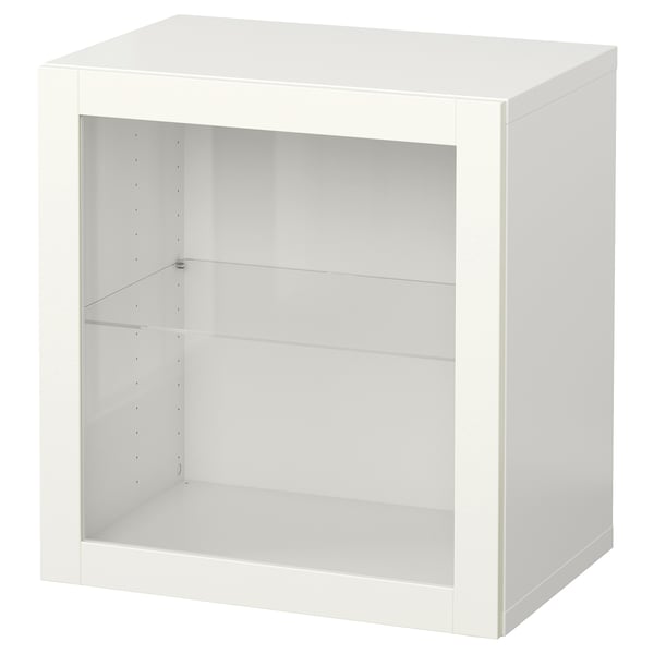 Un mueble de almacenaje BESTÅ blanco con un estante de cristal y agujeros ajustables.