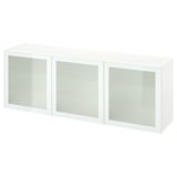 Un aparador blanco BESTÅ con puertas de cristal esmerilado, forma rectangular y diseño minimalista.