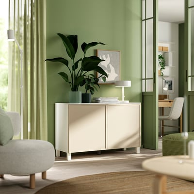 BESTÅ Mueble salón, blanco/Krukmakare beige, 120x42x75 cm