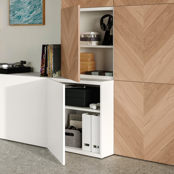BESTÅ Mueble salón, blanco Lappviken/Hedeviken roble, 300x42x193 cm