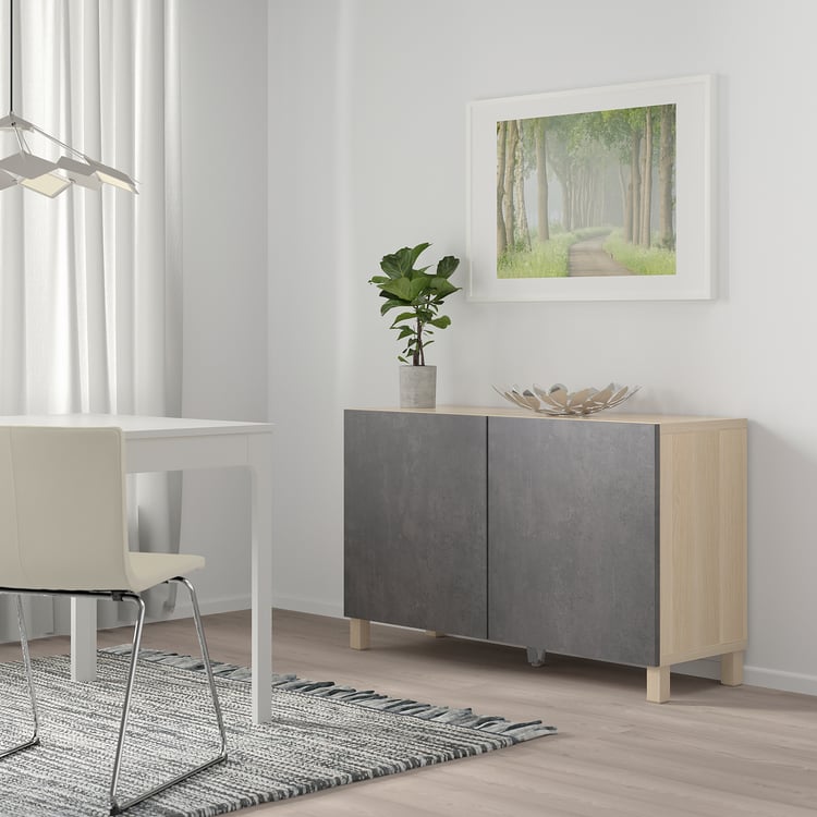 BESTÅ Mueble salón, efecto roble tinte blanco Kallviken, gris oscuro
