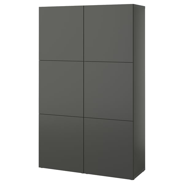 Mueble de almacenaje rectangular, moderno, gris oscuro con puertas cuadradas.