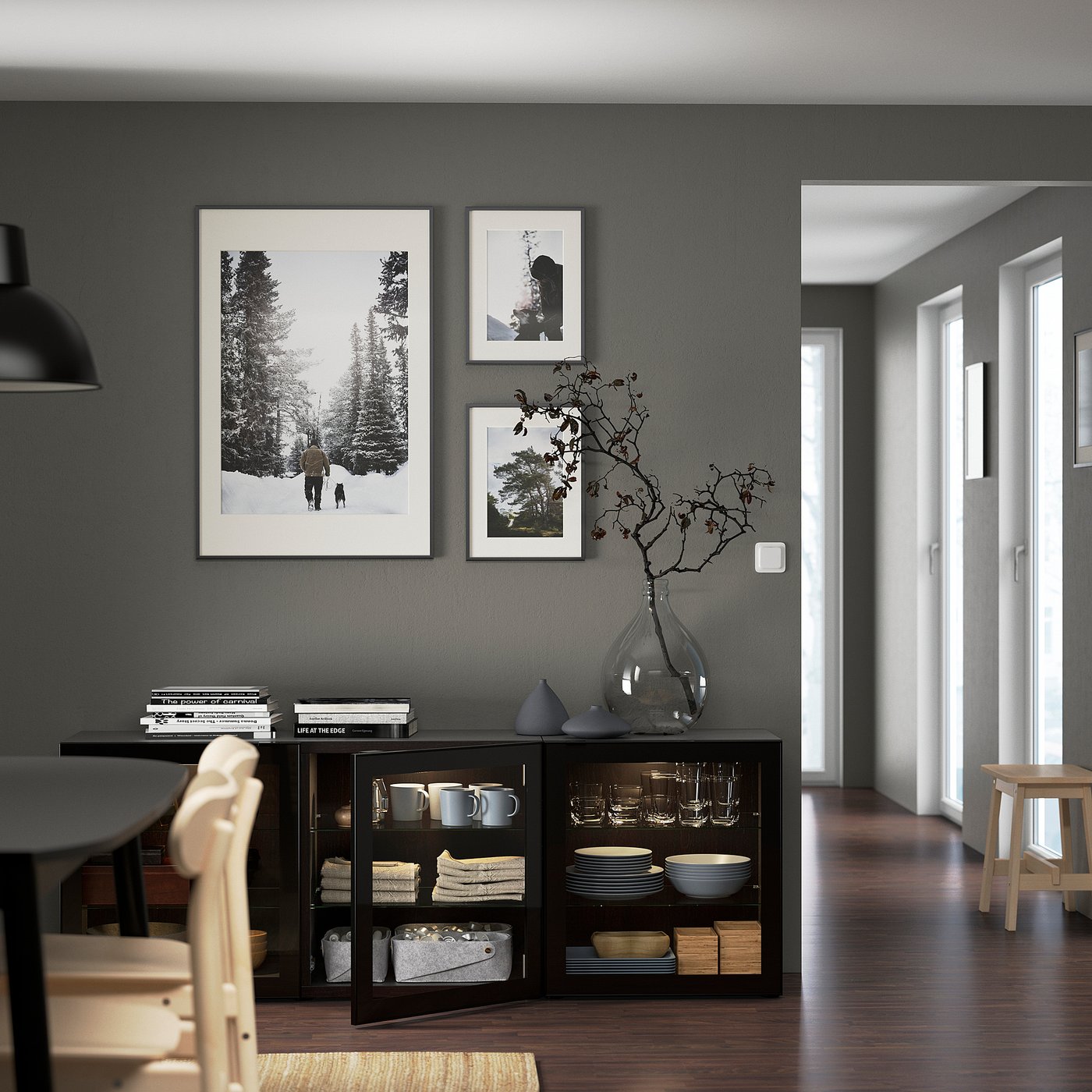 BESTÅ salón, negro-marrón/Glassvik transparente/negro, 180x42x65 cm IKEA