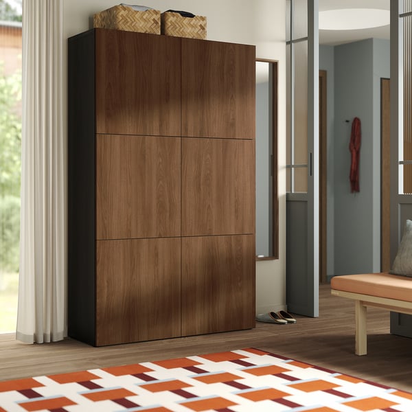 BESTÅ Mueble salón, negro-marrón/Lappviken efecto nogal, 120x42x193 cm