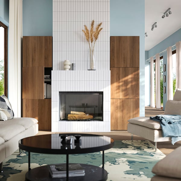 BESTÅ Mueble salón, negro-marrón/Lappviken efecto nogal, 120x42x193 cm