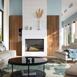 BESTÅ Mueble salón, negro-marrón/Lappviken efecto nogal, 120x42x193 cm