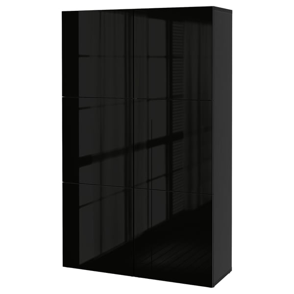Mueble de almacenamiento BESTÅ negro; diseño rectangular moderno y de alto brillo; Múltiples secciones, estantes ajustables.