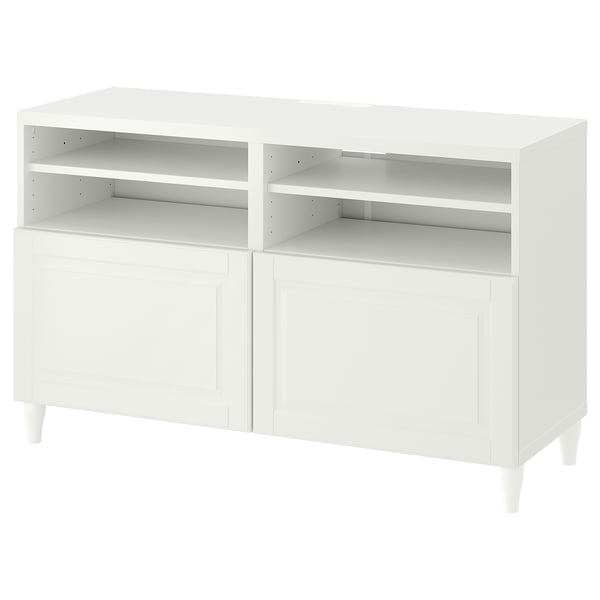 Mueble de tv BESTÅ blanco, rectangular, 2 puertas, 2 estantes abiertos, diseño minimalista.