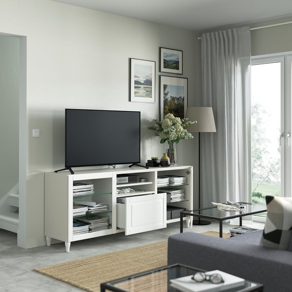 BESTÅ almacenaje con cajones, blanco Lappviken/Stubbarp/beige grisáceo  vidrio incoloro, 180x42x74 cm - IKEA