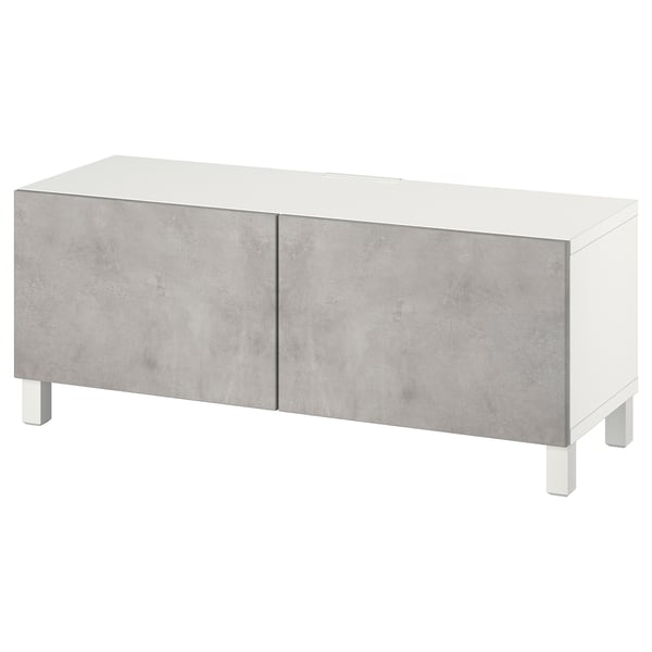 Banco de tv BESTÅ blanco y gris con 2 puertas, diseño moderno.