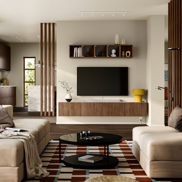 BESTÅ Mueble TV con puertas, blanco/Lappviken efecto nogal, 240x42x38 cm