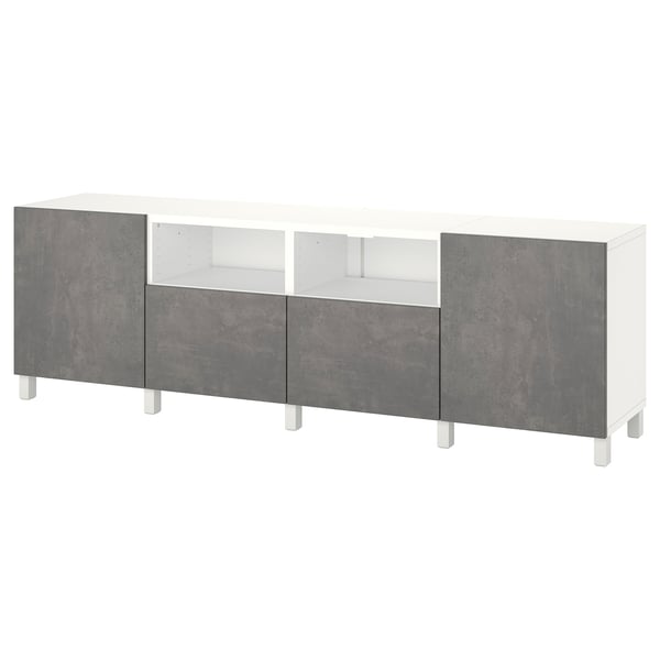 Banco de TV BESTÅ, tapa blanca y puertas de concreto gris, ancho y rectangular, gestión de cables, estantes ajustables.