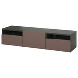 Mueble de TV moderno BESTÅ, gris oscuro, rectangular, de madera con cajones grises, diseño minimalista y elegante.