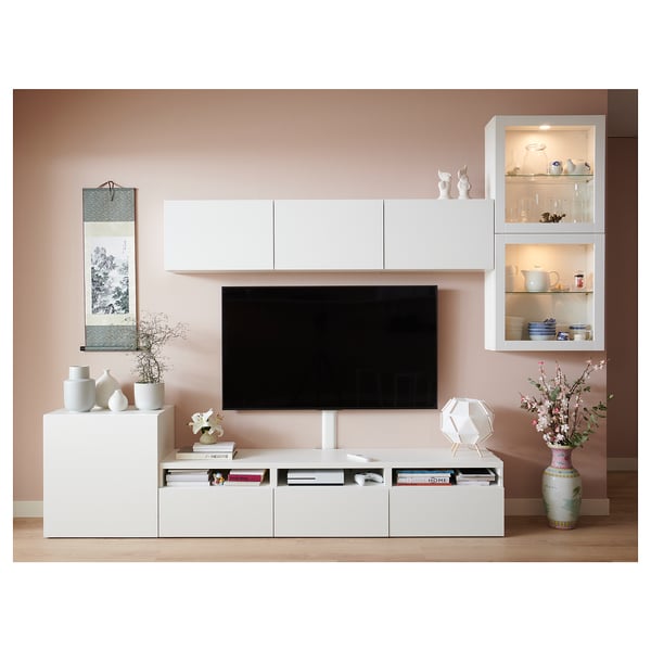 BESTÅ Mueble TV puertas vidrio, blanco/Lappviken vidrio transparente