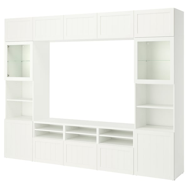 BESTÅ Mueble TV puertas vidrio, blanco/Pipmakare blanco, 300x42x231 cm