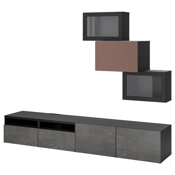 Moderno set de almacenamiento de TV negro con estantes montados en la pared y armario bajo para electrónica y decoración.