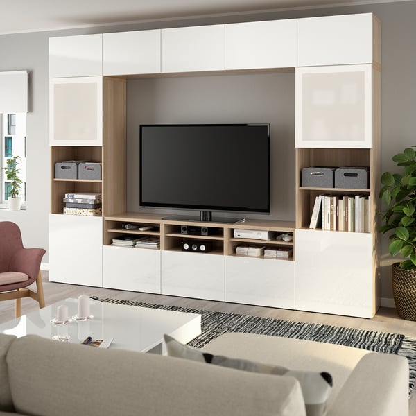 BESTÅ Mueble TV puertas vidrio, efecto roble tinte blanco, Selsviken
