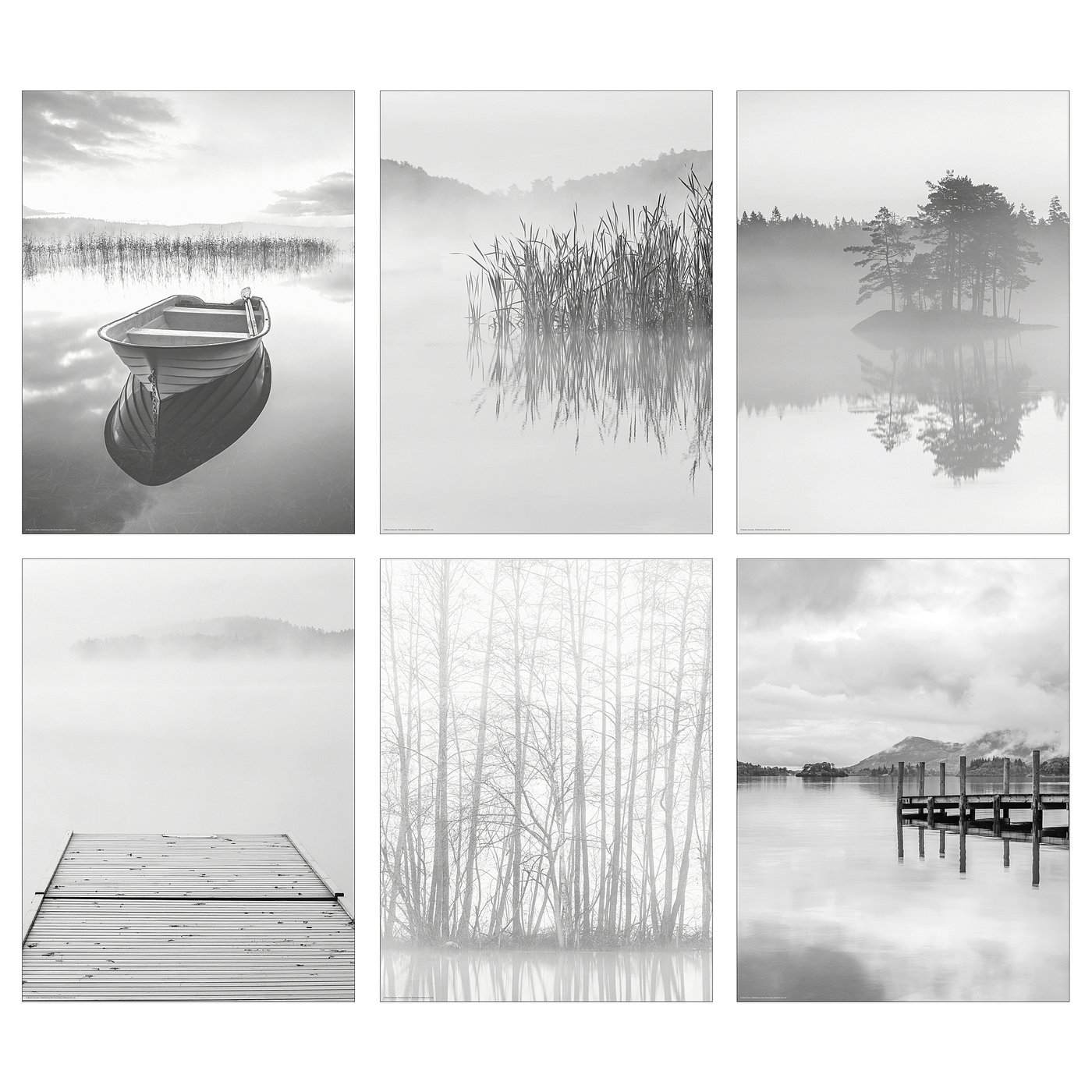 Seis imágenes de la naturaleza en blanco y negro que incluyen un barco, un muelle, árboles y escenas de lagos dispuestas en una cuadrícula.