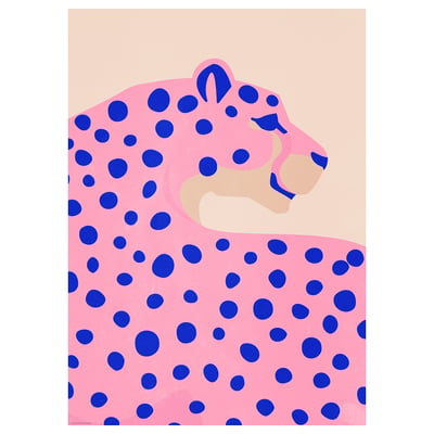 Obra de arte abstracta con estampado de leopardo rosa con manchas azules, forma de gato simple con cara beige.
