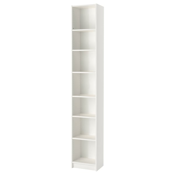 Librería BILLY blanca con estantes ajustables, extensión de altura, tablero de partículas, plástico.