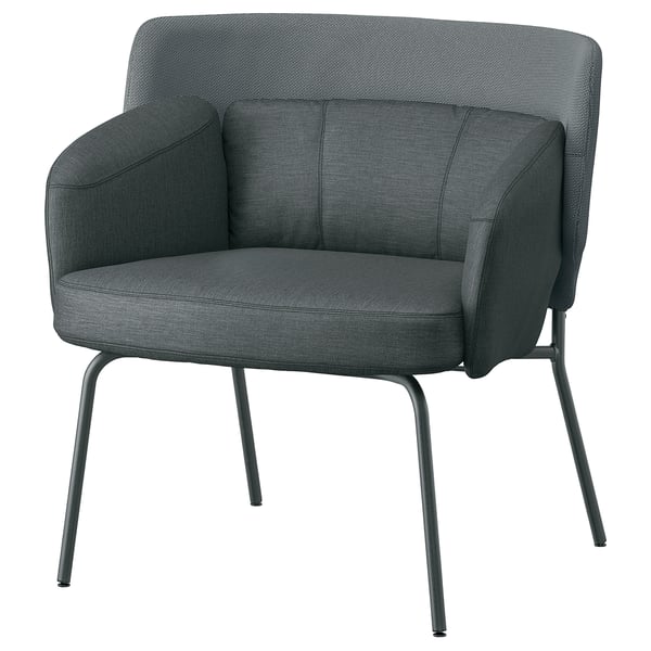 Sillón gris BINGSTA, tela suave, patas metálicas, respaldo curvado, diseño acogedor.