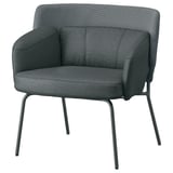 Sillón gris BINGSTA, tela suave, patas metálicas, respaldo curvado, diseño acogedor.