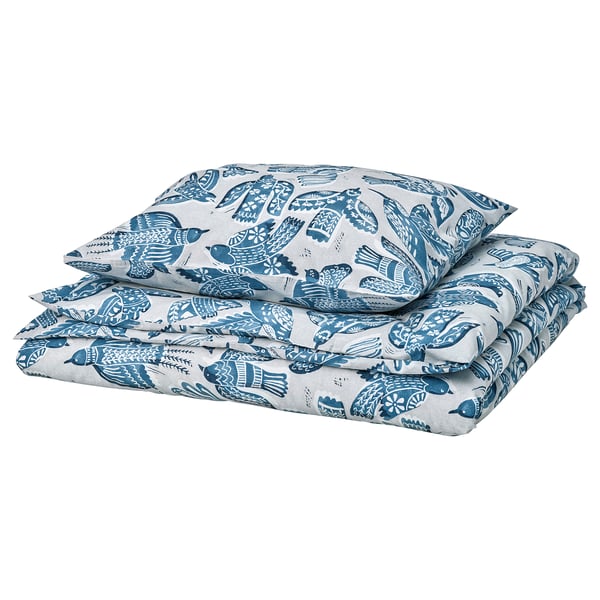 Juego de cama BITTERSÖTA, pájaros azules sobre gris, tela suave, cuadrado plegado.