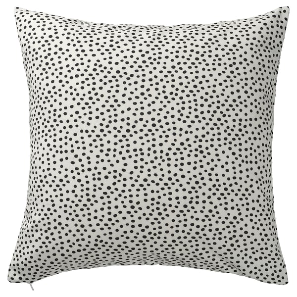 Almohada cuadrada BJÖRKGRÅMAL, puntos negros sobre blanco, poliéster 100% reciclado.