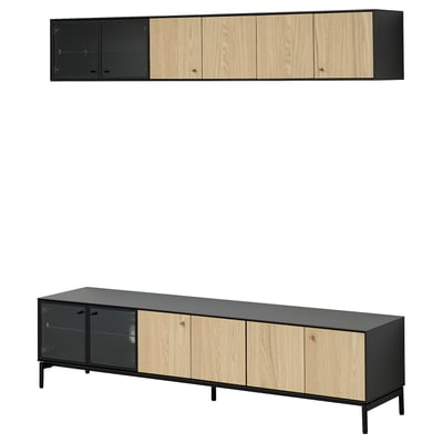 Moderno banco de tv y estante de pared con diseño elegante, plegables y puertas de vidrio, hechos de madera y metal, ideal para el almacenamiento en la sala de estar.