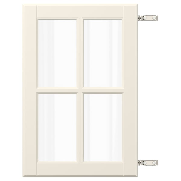 BODBYN: puerta de fibra color crema con paneles de vidrio enmarcados, dos bisagras.