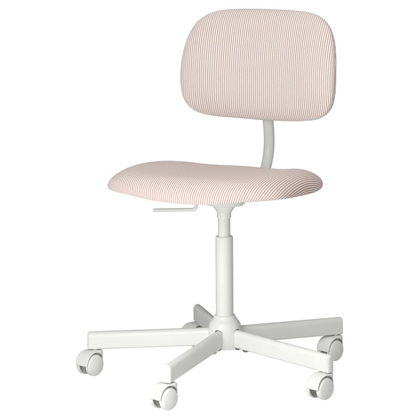 Silla de oficina blanca BOLLPOJKE, asiento y respaldo de tela a rayas, altura ajustable, cinco ruedas.