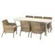 BONDHOLMEN / ULVEVÄR Mesa y 6 sillas con reposabrazos, blanco/beige ratán de plástico marrón/Kuddarna beige grisáceo claro, 235x90 cm
