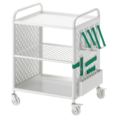 Unidad de almacenamiento rodante blanca BRÄNNBOLL, sostiene equipo de juego, correas elásticas para organización, los lados ventilados evitan el sobrecalentamiento.