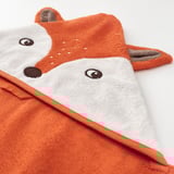 Toalla infantil con temática de zorro, confeccionada en suave algodón de alta calidad, naranja y blanco, diseñada con capucha.