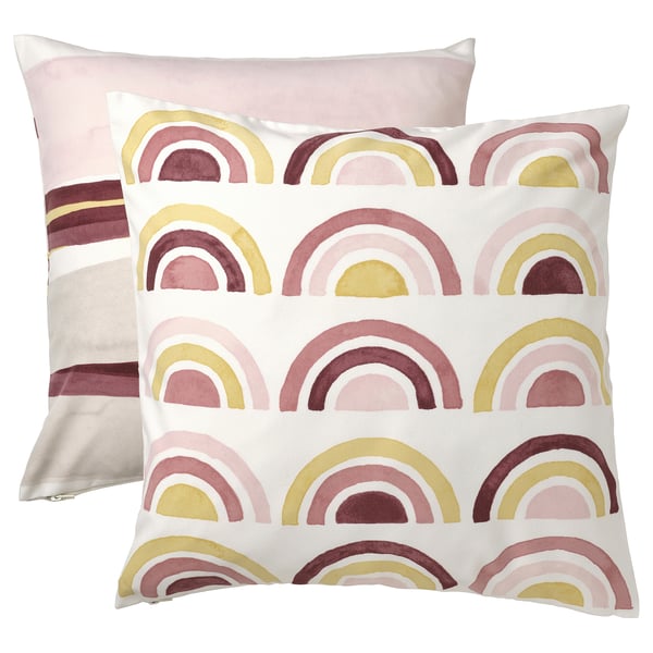 Cojines BRUNTÅG: 2 fundas estampadas de colores, base blanca, tonos rosas, amarillos, cremallera, poliéster reciclado.