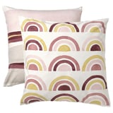 Cojines BRUNTÅG: 2 fundas estampadas de colores, base blanca, tonos rosas, amarillos, cremallera, poliéster reciclado.