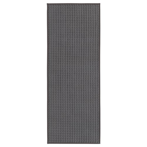 Una alfombrilla de cocina antideslizante BRYNDUM rectangular gris, con una superficie texturizada y material de poliéster reciclado.