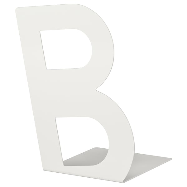 Sujetalibros blanco en forma de b, fabricado en acero con recubrimiento epoxi, diseñado para sujetar los libros en posición vertical.