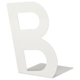 Sujetalibros blanco en forma de b, fabricado en acero con recubrimiento epoxi, diseñado para sujetar los libros en posición vertical.