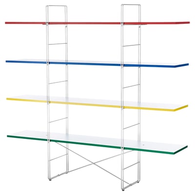 Unidad de estantería multicolor de BYAKORE, diseño moderno, patas metálicas ajustables, estanterías de cristal transparente, bordes vibrantes.