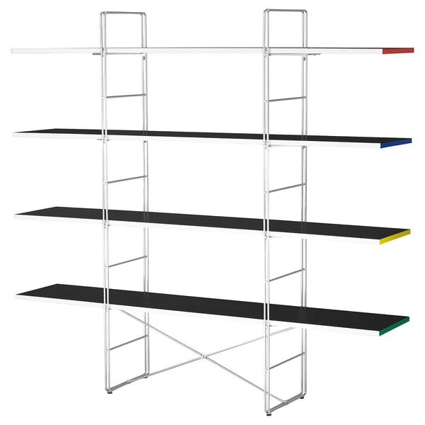 Estantería metálica BYAKORRE, moderna, ajustable, cuatro estantes negros, extremos coloridos.