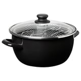 Utensilios de cocina negros con tapa de cristal y cesta metálica, perfectos para freír.