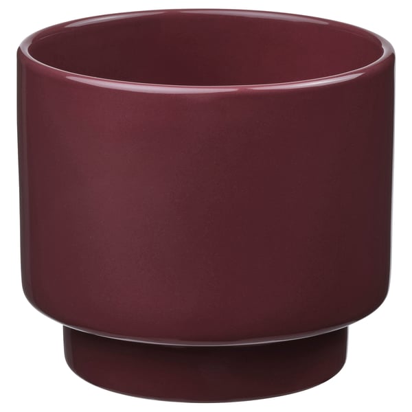 Jardinera cilíndrica DRAKFRUKT de color rojo oscuro con esmalte liso y base, ideal para uso en exteriores.
