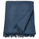 Manta DYTÅG azul oscuro, con flecos, mezcla de lino y algodón, forma rectangular.